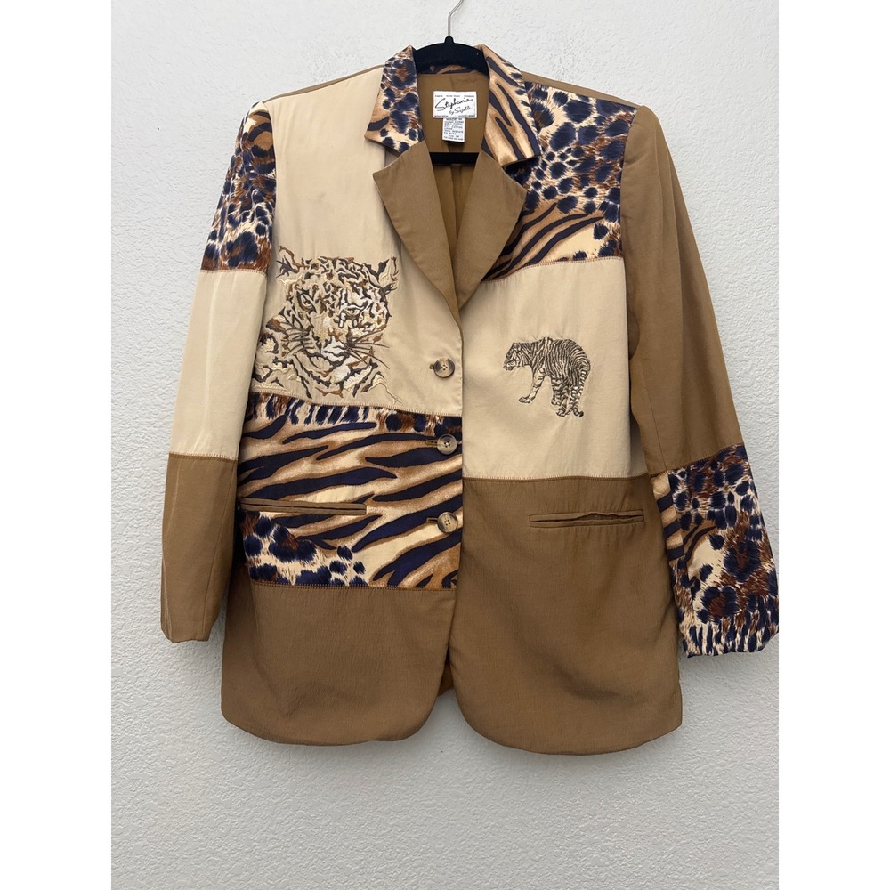 Vintage Silk Blend Safari Patchwork Blazer Art to Wear Animal Print Jacket M